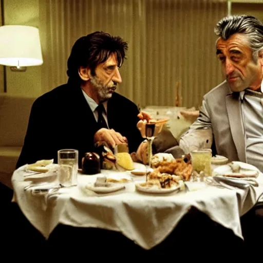 Image similar to movie still of the dinner scene in Heat, rendering of al pacino and robert de niro as old men, cinematic,