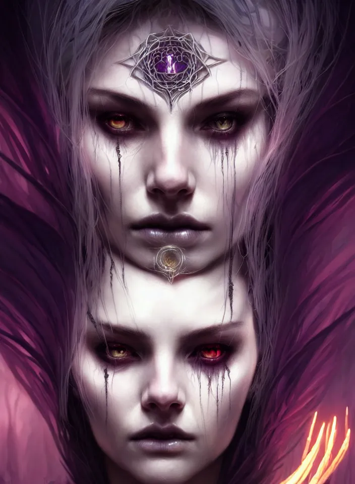 Image similar to Necromancer Sorceress face macro in center, fantasy magic, undercut hairstyle, dark light night, intricate, elegant, sharp focus, illustration, highly detailed, digital painting, concept art, matte, art by WLOP and Artgerm and Greg Rutkowski and Alphonse Mucha, masterpiece