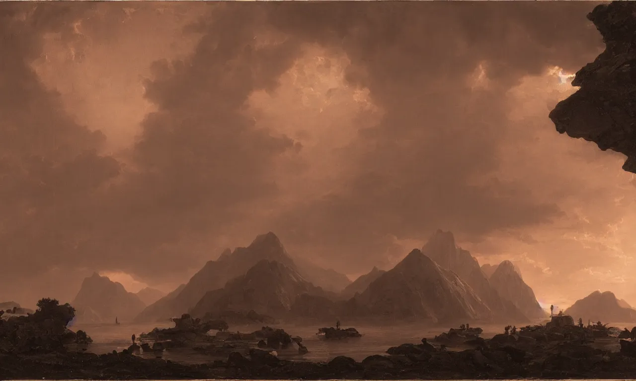 Image similar to great hall under the mountain, in the far distance a red glow. andreas achenbach, zack snyder, tokujin yoshioka