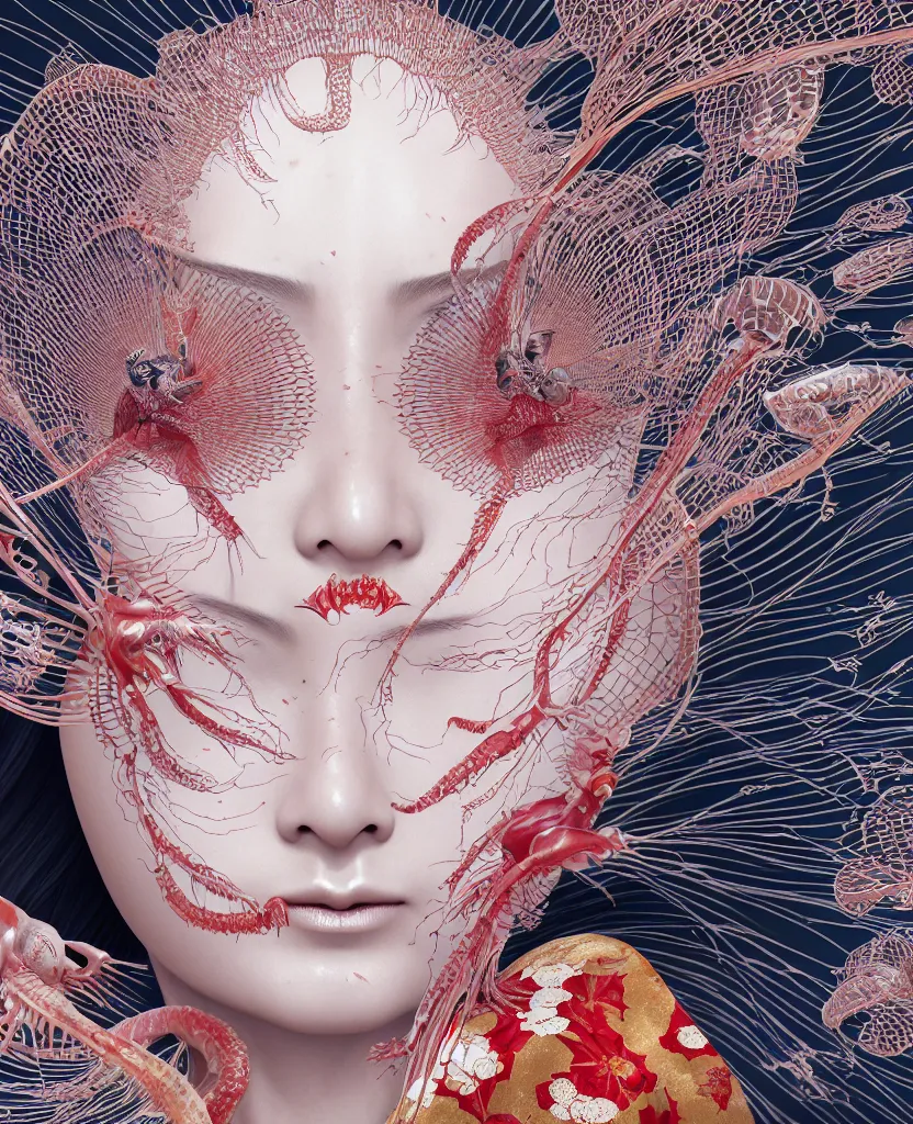 Prompt: close-up macro portrait of the face of a beautiful Japanese geisha with kimono, epic angle and pose, ribcage skeleton symmetrical artwork, 3d with depth of field, blurred background, cybernetic jellyfish female face phoenix bird, translucent, nautilus, energy flows of water and fire. a highly detailed epic cinematic concept art CG render. made in Maya, Blender and Photoshop, octane render, excellent composition, cinematic dystopian brutalist atmosphere, dynamic dramatic cinematic lighting, aesthetic, very inspirational, arthouse, Greg Rutkowski, Ilya Kuvshinov, WLOP, Stanley Artgerm Lau, Ruan Jia and Fenghua Zhong