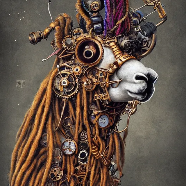 Image similar to llama with dreadlocks, steampunk, by mandy jurgens, ernst haeckel, james jean