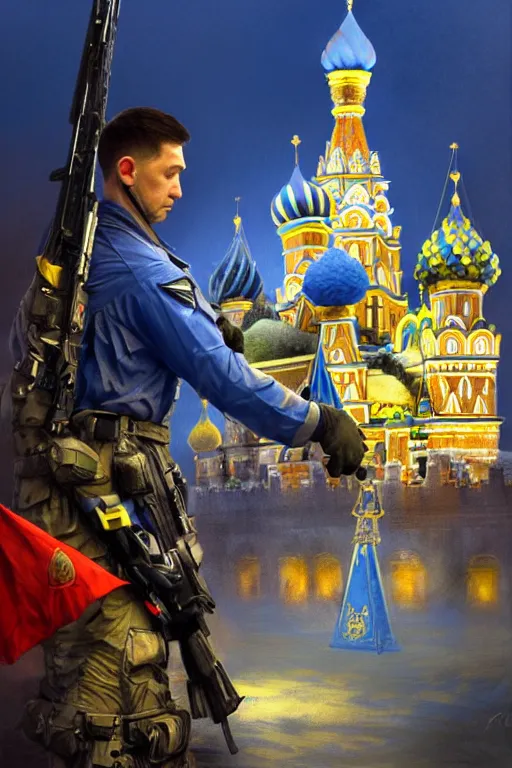 Image similar to special forces soldier installin ukrainian blue and yellow flag on red square kremlin, masculine figure, d & d, fantasy, bright atmosphere, volumetric lights, intricate, elegant, extremely detailed, digital painting, artstation, concept art, matte, smooth, sharp focus, hyper realistic, illustration, art by artgerm and greg rutkowski and alphonse mucha