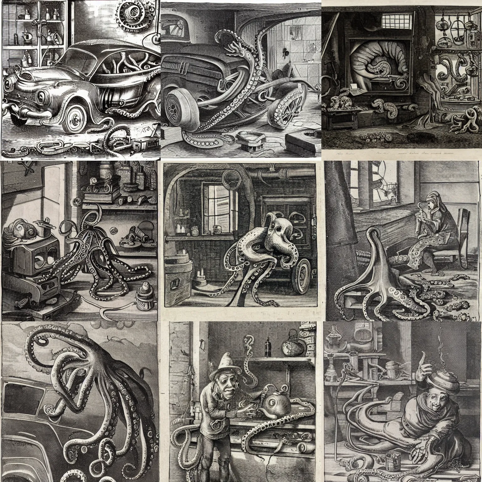 Image similar to an octopus in a car repair shop, engraving, ink, 1 7 th century