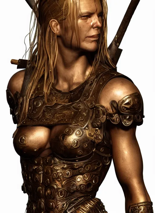 Prompt: frontal portrait of a beautiful muscular female, hyper realistic, dripping sweat, glorious ancient viking assassin designed by makoto kobayashi and luca zampriolo, portrait, sexy style, wood and gold details, intricate, extremely detailed, ornate, deep of field, hard surface, exoskeleton, substance designer metal unreal engine. amazing likeness. very detailed.