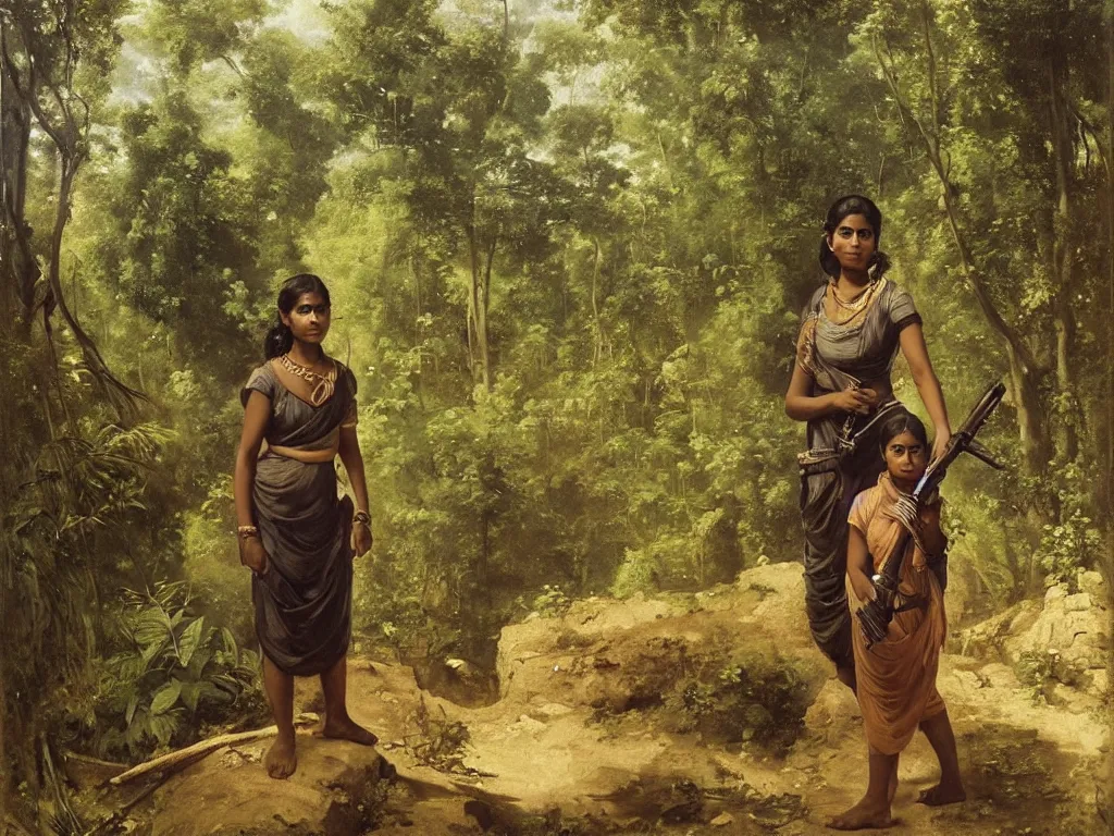 Image similar to sri lankan woman holding an ak 4 7 in a jungle next to an anc 8 8 ient ruin, by camille corot, third - person, f / 2 2, kinemacolor, rim lights, insanely detailed and intricate, hypermaximalist, elegant, ornate, hyper realistic, super detailed