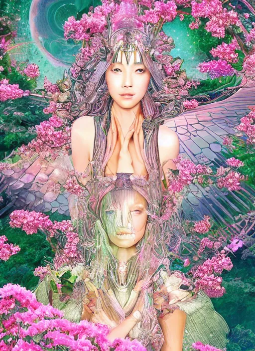 Image similar to portrait of Lalisa Manobal as a Celestial Goddess of a futuristic pearlescent holographic, inside future fighter, sci-fi, fantasy, intricate, lush garden spaceship with sakura season flowers in Kyoto Japan, elegant, human anatomy, royal green and nature light, highly detailed, digital painting, artstation, concept art, smooth, sharp focus, illustration, art by James Jean, masterpiece, 3d blender