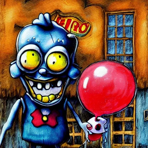 Image similar to grunge painting of spongebob with a wide smile and a red balloon by chris leib, loony toons style, pennywise style, corpse bride style, horror theme, detailed, elegant, intricate