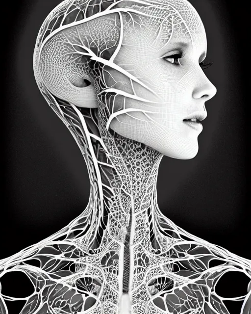 Image similar to a contrasted black and white 3D render of a beautiful female vegetal-dragon-cyborg, 150 mm, orchid stems, ivy, fine lace, Mandelbrot fractal, anatomical, flesh, facial muscles, microchip, veins, arteries, full frame, microscopic, elegant, highly detailed, flesh ornate, elegant, high fashion, rim light, octane render, 8K