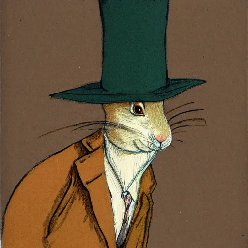 Image similar to a rabbit wearing a deerstalker hat and a brown coat, in the style of carl larsson