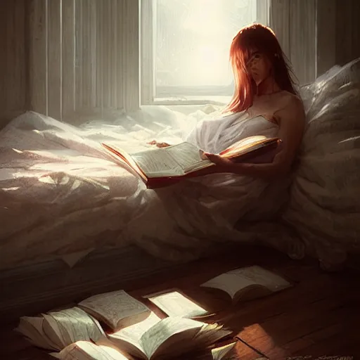 Prompt: awoke to cotton, sweet smell of books, by wlop, artgerm, greg rutkowski