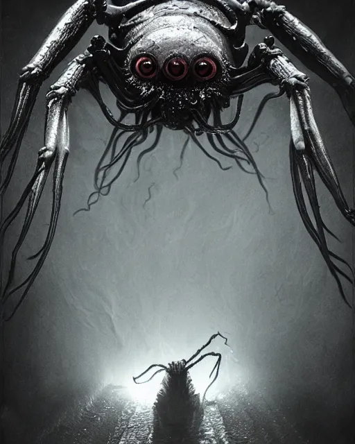 Image similar to gruesome creature with long tentacles and many eyes, spider - eyes, covered in eyes, glowing eyes, too many eyes, midnight fog - mist!, cinematic lighting, various refining methods, micro macro autofocus, ultra definition, award winning photo, photograph by ghostwave - gammell - giger - shadowlord