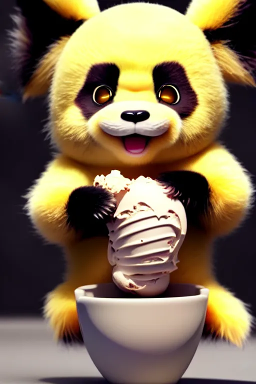 Image similar to high quality 3 d render hyperrealist very cute creepy happy panda & dragon hybrid eating ice cream, vray smooth, in the style of detective pikachu, very dramatic light, low angle, uhd 8 k, shallow depth or field