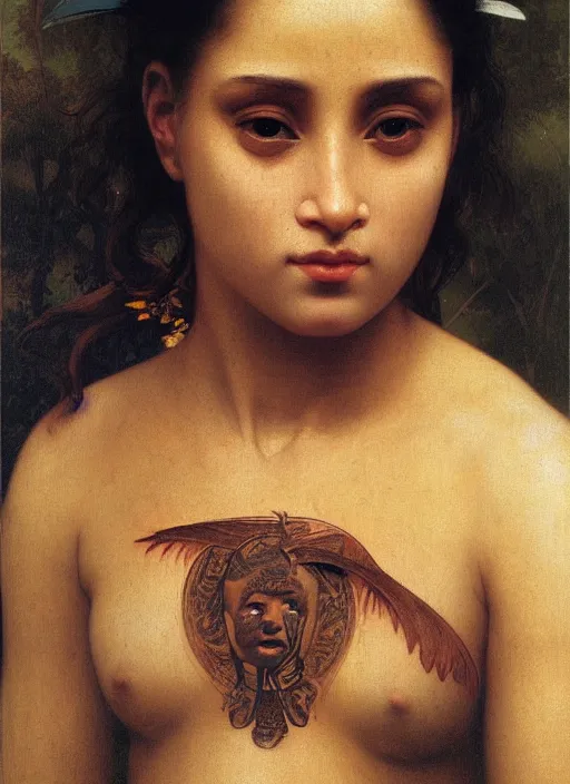 Image similar to portrait of beautiful young angelic Maori female model, with facial tattoo, golden hour lighting William Adolphe Bouguereau, C F Goldie, Gottfried Lindauer