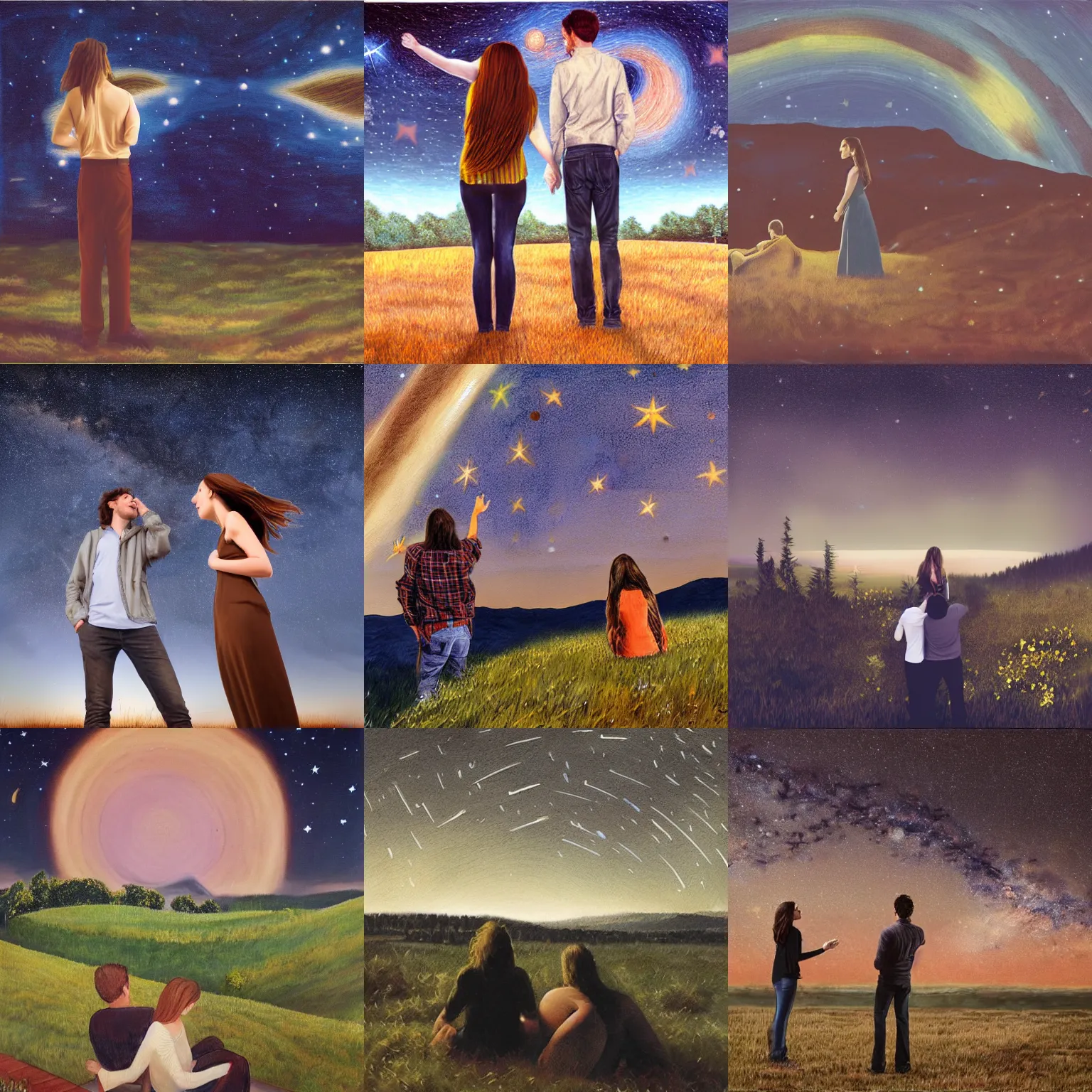 Prompt: long shot landscape young man and woman with long brown hair star gazing, realism