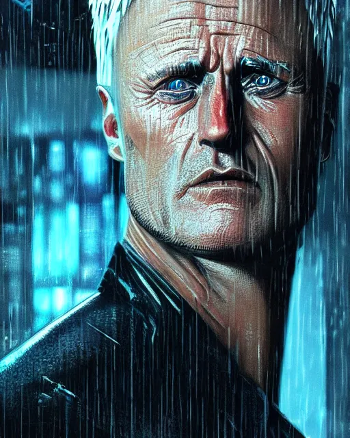 Prompt: a close up portrait of roy batty from blade runner, rainy streets in the background, digital art by joseph karl stieler and ross tran, highly detailed, trending on behance