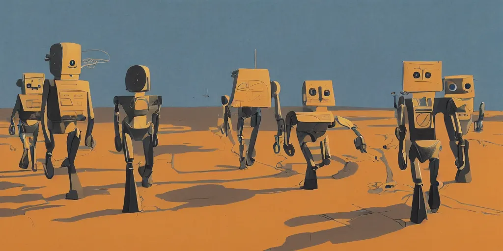 Image similar to many robot kitty cats walking isometrically, Dan McPharlin, Ralph McQuarrie