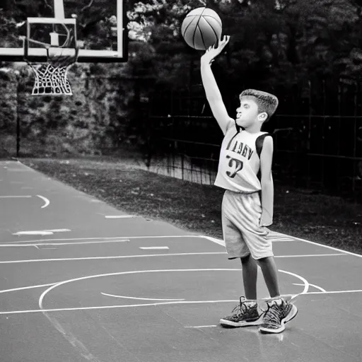 Prompt: a black and white photo of a kid shooting a basketball, mid shot, medium photography