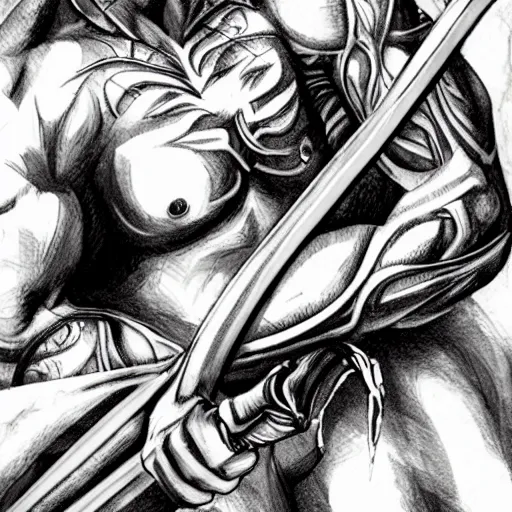 Image similar to muscular bald man, sword in hands, tattooed body, HD, anime,