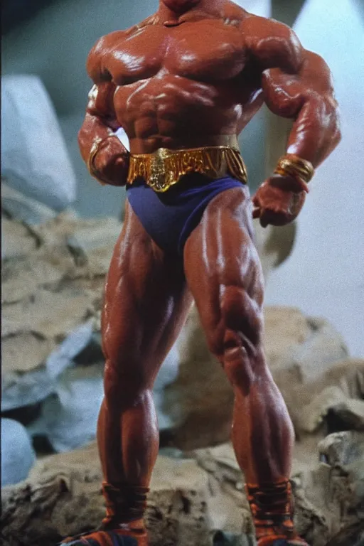 Image similar to arnold schwarzenegger as he - man, full body, symmetrical features, color photo, 1 9 8 5 photograph, kodachrome, aged paper, sergio leone, master prime lenses, cinematic