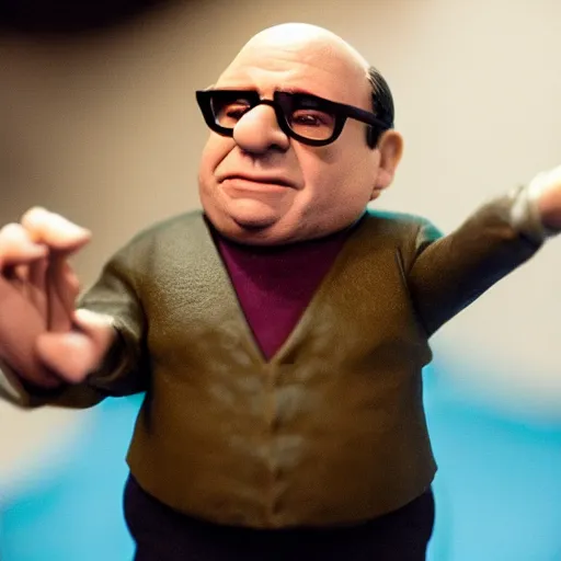 Image similar to Danny DeVito as a claymation figure and a Tim Burton movie, extremely detailed, macro photo