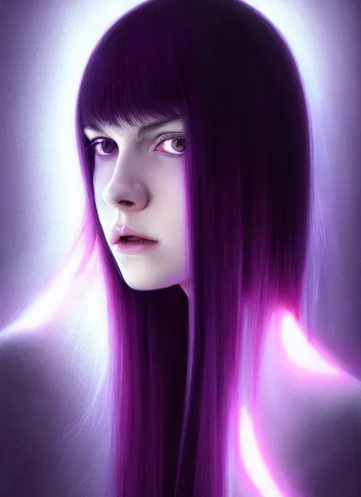 Image similar to hair whitebangs hair, black hair, whitebangs, portrait of teenage girl with white bangs, red irises, purple clothes, white bangs, bangs are different color from hair, intricate, elegant, glowing lights, highly detailed, digital painting, artstation, concept art, smooth, sharp focus, illustration, art by wlop, mars ravelo and greg rutkowski