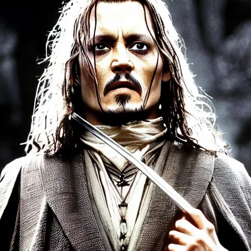 Image similar to symmetry!! photography of johnny depp starring in the lord of the rings as aragorn wielding a sword, detailed - face!!, full - body - picture, wide - angle!!, cinematic, intricate, elegant, highly detailed, film still, nikon, canon eos, zeiss lens, dramatic lighting, sharp - focus!!, photography!!