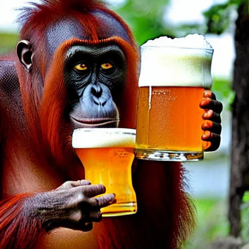 Prompt: “ sinister smiling orangutan holding a pint of beer ”