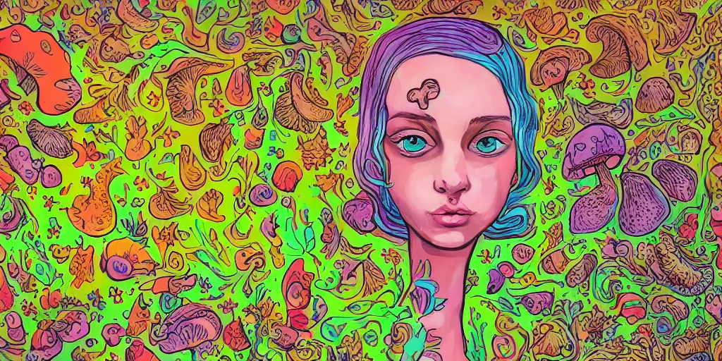 Image similar to portrait of cute hippy chick with mushrooms growing out her ears. background psychedelic landscape. highly detailed photorealistic