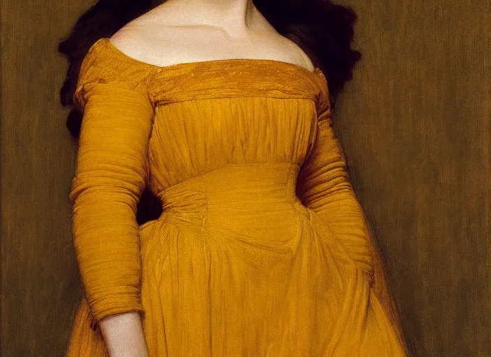 Image similar to portrait of jemma channing, wearing yellow ochre, preraphaelite colour photography by frederic leighton, 8 k