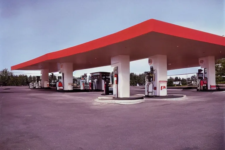 Image similar to a beautiful luxurious gas station, retro and 1 9 8 0 s style, beautiful architecture