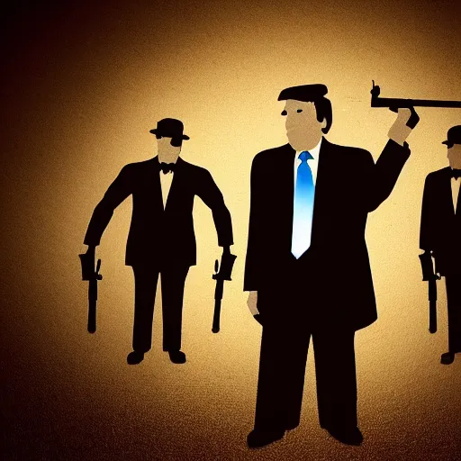 Image similar to mysterious donald trump in black suit and black hat, he has a tommy gun!!, mysterious, 4 k, highly detailed, digital art, strong shadows, high contrast, epic scene, atmospheric, blue colours, award winning photo