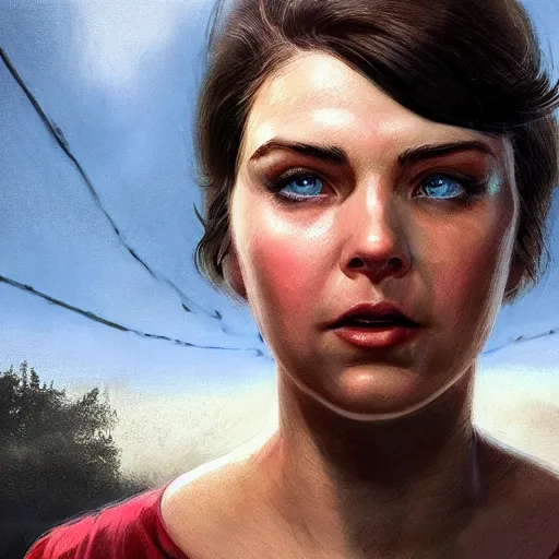 Prompt: portrait of a brunette chubby woman with blue eyes in fallout 4, light stubble with red shirt inside victorian mansion praying to god ,digital art,photorealistoc,art by greg rutkowski,hyperdetailed,western comic style,comic,comic style,sharp lineart,professional lighting,deviantart,artstation,trevor henderson,rossdtaws,cinematic,dramatic
