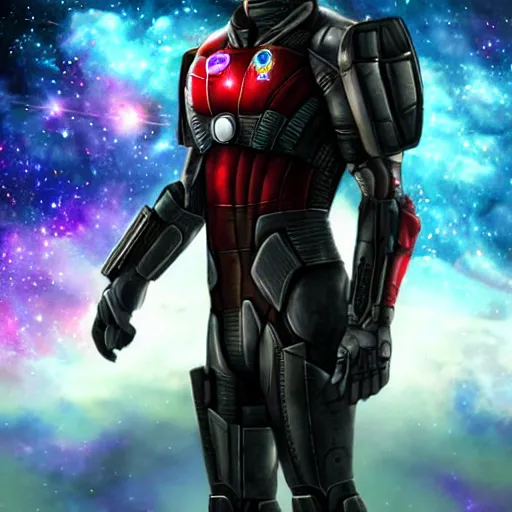 Prompt: Commander Shepard with a beautiful galaxy behind him, fantasy art,