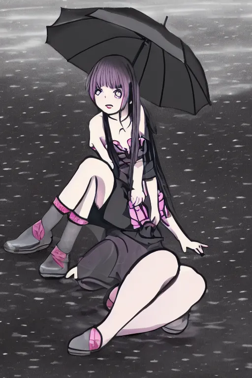 Image similar to A stern girl in Japanese maid's clothes and long stockings sits on the wet pavement in a parking lot in the rain at night. Dark anime drawing in gothic pixiv style.