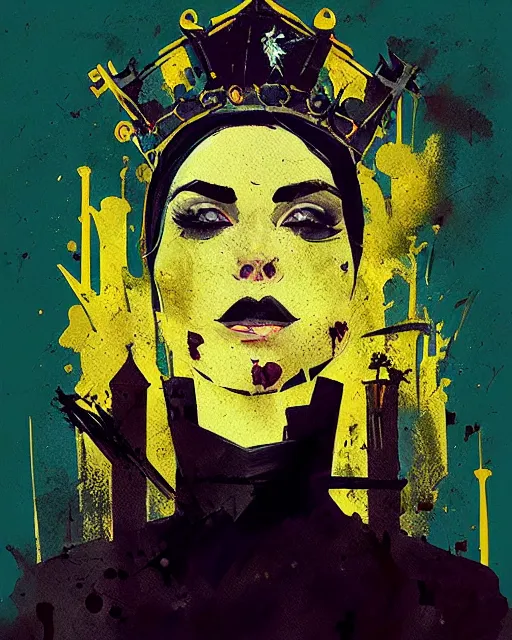 Prompt: mafia queen portrait, corrupted crown, dripping black gold paint, ismail inceoglu, tom whalen