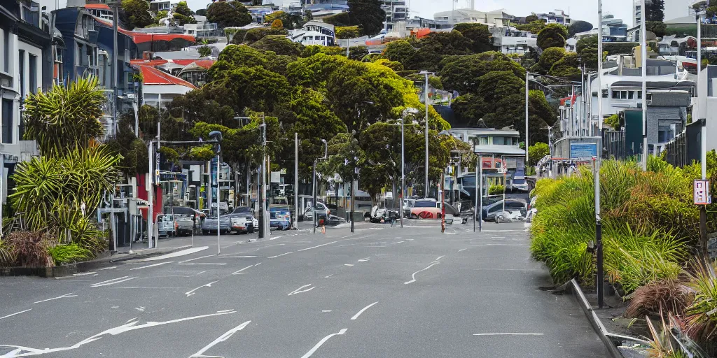 Prompt: a city street in wellington, new zealand but half of the streets have restored wetlands. new zealand flax, raupo