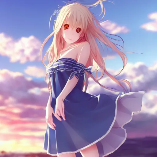 Prompt: a very beautiful anime cute girl, full body, long wavy blond hair, sky blue eyes, full round face, short smile, fancy top, miniskirt, summer lake setting, medium shot, mid-shot, highly detailed, cinematic wallpaper by Stanley Artgerm Lau