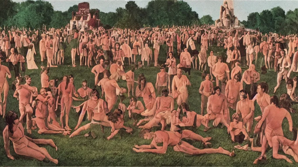 Image similar to A vintage scientific illustration from the 1970s of a Swedish cult performing a human sacrifice to the gods during the midsummer festival in Sweden in the summer on the meadows by Wes Anderson