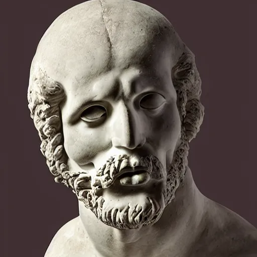 Prompt: greek sculpture of a philosopher holding a skull, in a museum, hyperrealistic photograph in the style of bernini