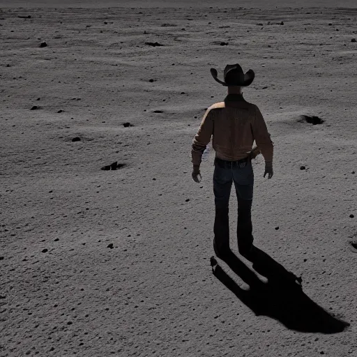 Image similar to cowboy standing on the moon, planet earth in the sky, photorealistic, octane render, blender render, unreal engine, 3 5 mm