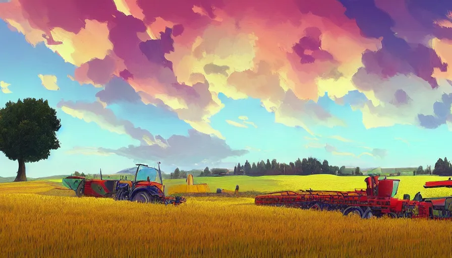 Image similar to colourful sky, wheat field, distant combine harvesters, big trees, matte painting, art station, digital art, simon stalenhag