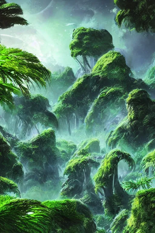 Prompt: beautiful lush green plants flowers exotic alien planet, digital painting, matte painting, small details