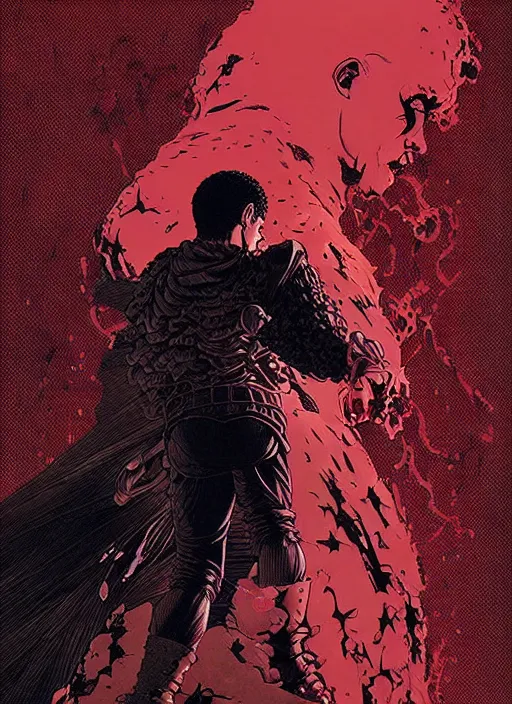 Prompt: highly detailed poster artwork by Michael Whelan and Tomer Hanuka, of Guts, from scene from Berserk, clean