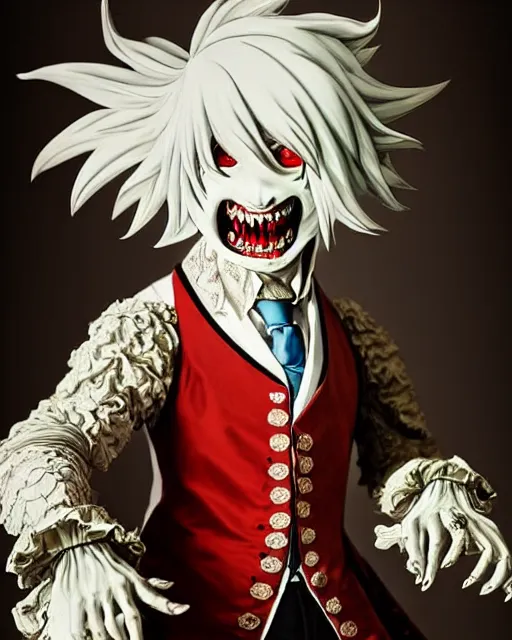 Image similar to tokyo ghoul monster ken kaneki character wearing a beautiful 1 8 th century suit with a tie, rococo style, francois boucher style, highly detailed, very realistic, painterly style