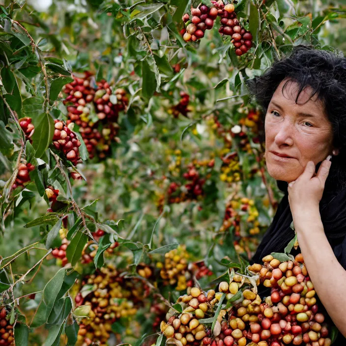 Prompt: a closeup portrait of a woman wearing golden spider silk sea silk seaweeds, picking pomegranates from a tree in an orchard, foggy, moody, photograph, by vincent desiderio, canon eos c 3 0 0, ƒ 1. 8, 3 5 mm, 8 k, medium - format print