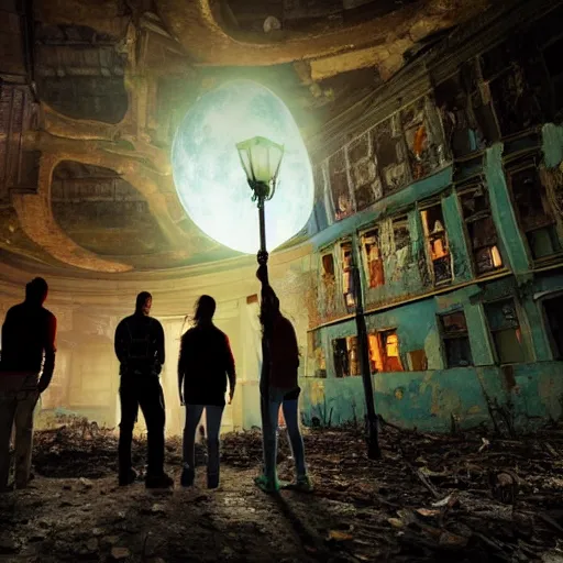 Prompt: A group of people exploring an abandoned city, they use flashlights, realistic, beautiful details, moonlight