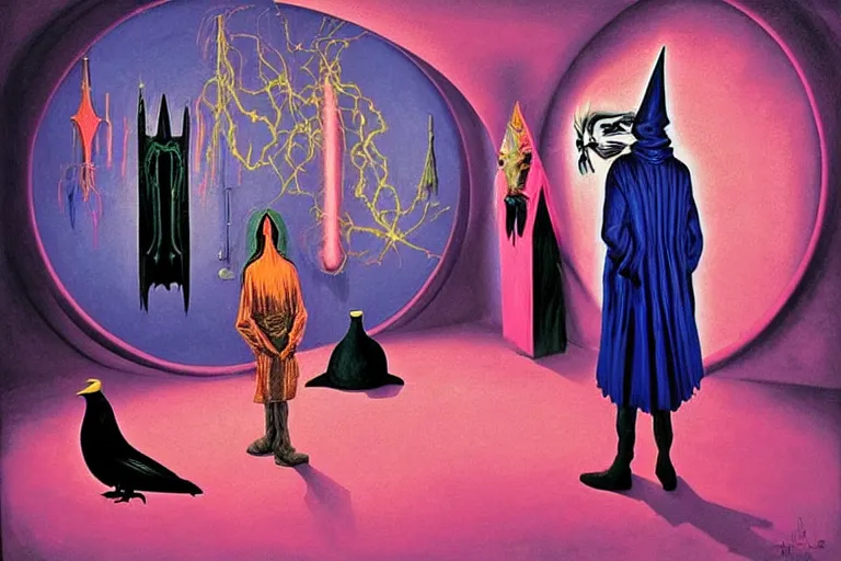 Image similar to a masterpiece painting in the laboratory of a technomancer wizard, in dazzle camouflaged robes, pointed hood, discussing sentience with his al djinn by remedios varo and anato finnstark and greg rutkowski and andy warhol and francis picabia. dayglo pink and blue, prismatic, pearlescent, raven black, glowing, hyperrealism, trending on artstation