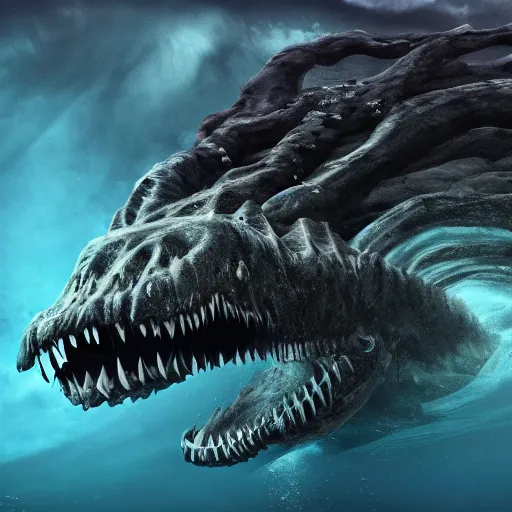 Image similar to scary giant sea monster, underwater, dark, 4k, detailed, realistic