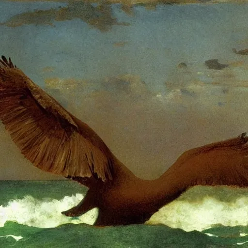 Prompt: huge dodo bird with its feet standing in the ocean, painting by albert bierstadt and winslow homer, highly detailed