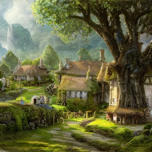 Image similar to a small fantasy village on the edge of the woods, by alan lee, lord of the rings, smooth, detailed terrain, oil painting, matte painting, concept art, trending on artstation